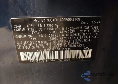 2021 Subaru Outback Premium from USA, damaged, VIN 4S4BTAFC7M3157046